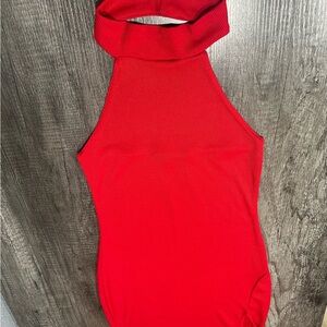 PrettyLittleThing Red Ribbed Halter Bodysuit